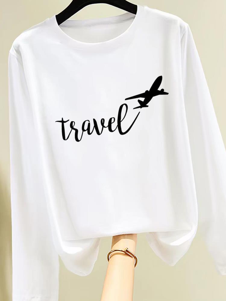 (Asian Size) Sweet Beach Trend Cute Print T Shirt Women Clothing Tee Autumn Winter Spring Casual Fashion Top O-neck Graphic Long Sleeve T-shirts
