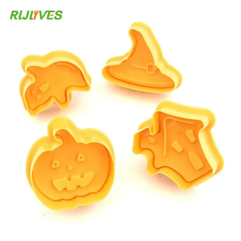 4pcs Halloween Pumpkin Ghost Theme Plastic Cookie Cutter Plunger Fondant Sugarcraft Chocolate Mold Cake Decorating Tools