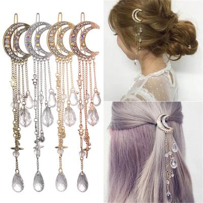 Hairpin Hair Accessory, Star Moon Tassel Hair Clip with Faux Crystal, Lightweight Face Slimming Hair Accessory