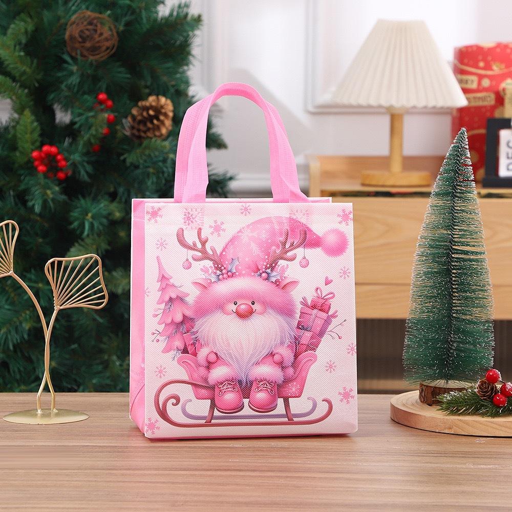 StoBag Pink Christmas Gift Bags Cute Santa Sleigh Design Non-Woven Holiday Tote Bags for Girls’ Winter Parties and Candy