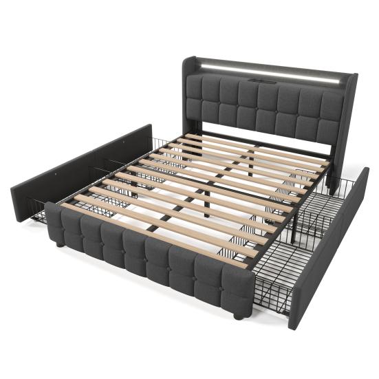 LED Light Bed Soft Cushion Headboard Upholstered with 2/4 Drawers USB Charging Metal Basket Strong Wood Slat Support Bedroom Furniture Teen