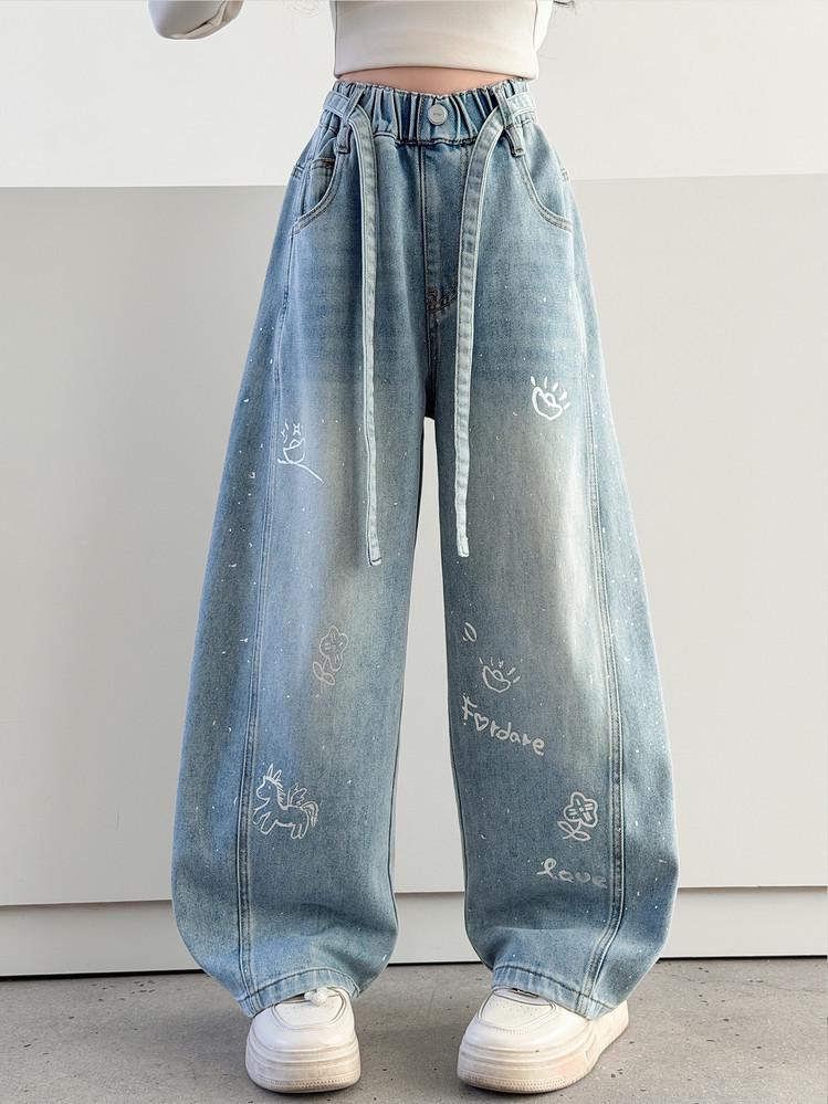 Nuovi Pantaloni Jeans Larghi a Gamba Larga Stampati Stile Coreano da Ragazza 2026