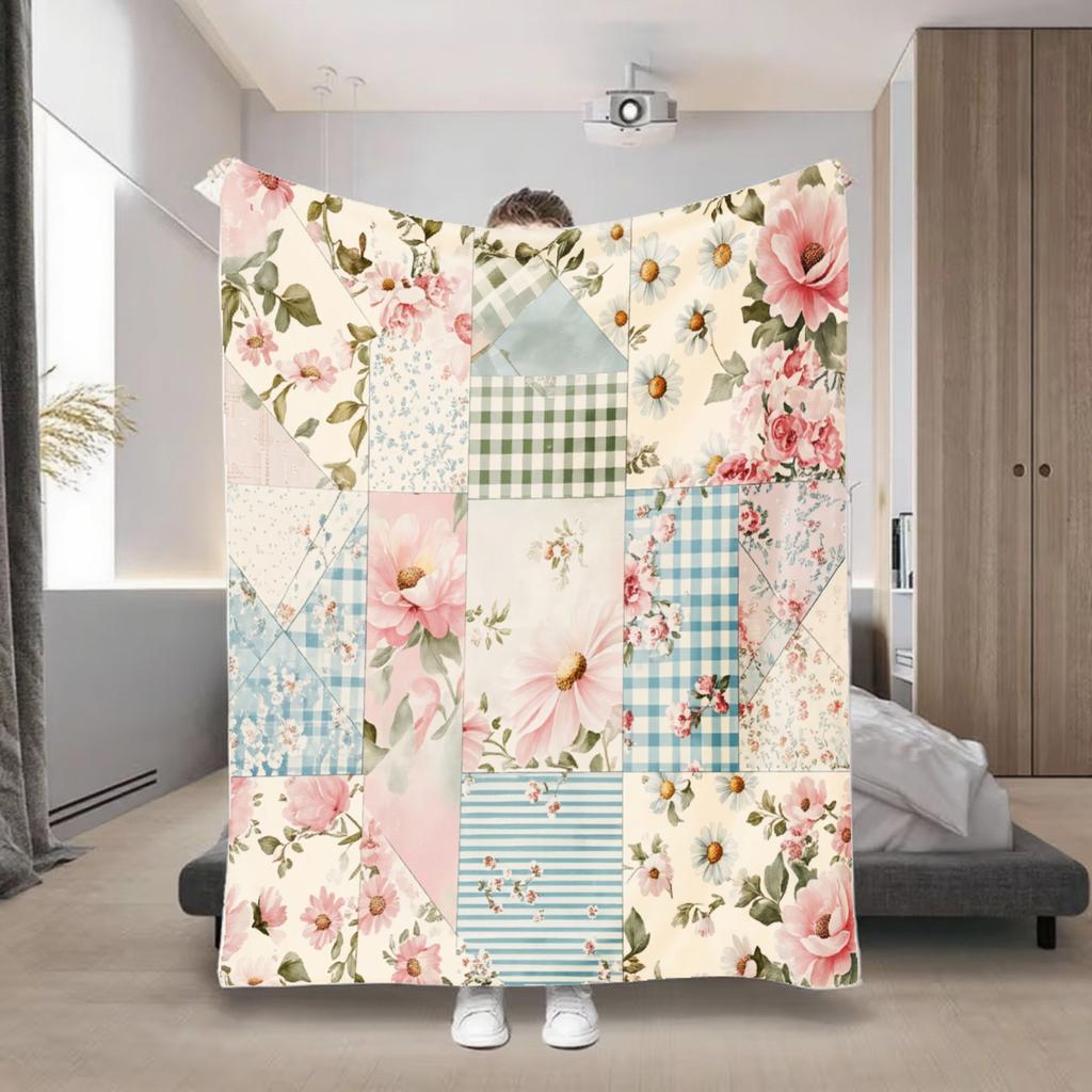 Retro Floral Stitching Flannel Blanket, Rose Pattern Decorative Quilted Light All-Season High Quality Machine Washable
