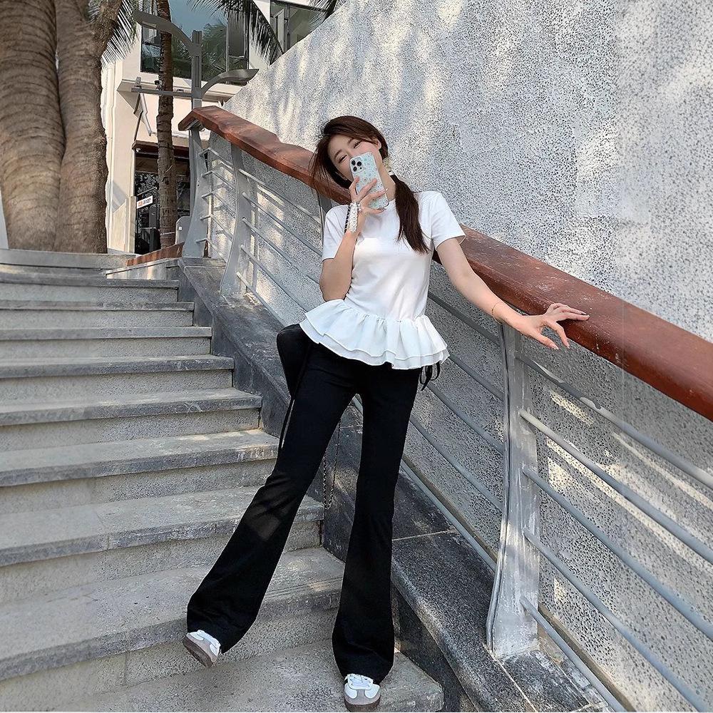 In-Stock Women's Patchwork Lace Puff Sleeve Slim Fit T-Shirt