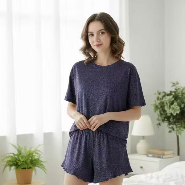 

Casual Women s Ruffle Short Sleeve Pajama Set – Comfortable Two-Piece Shorts and Top for Home Wear Large