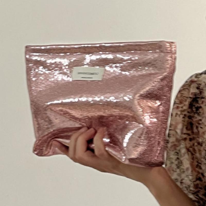 

Simple Shiny Sequins Silver Clutch Cosmetic Handbag Makeup Bag Portable Women Toiletries Skincare Storage Bag Organizer Pouch