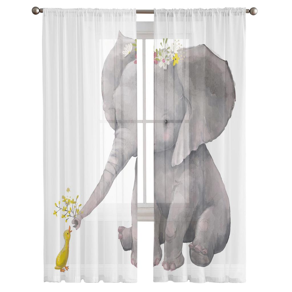 Zasłony tiulowe w kwiaty słonia kaczki do dekoracji salonu nowoczesne zasłony kuchenne z szyfonu z przezroczystą woalką