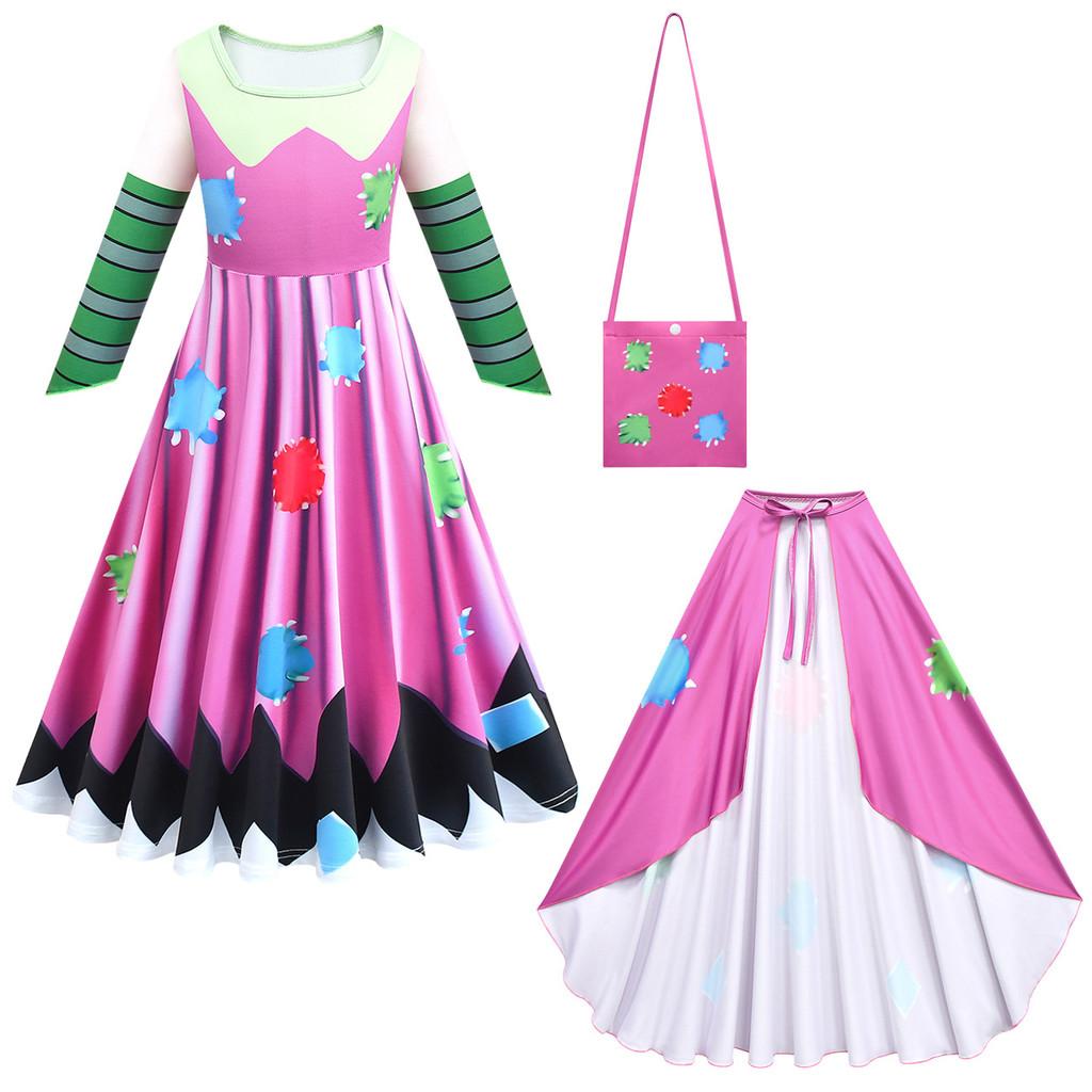 83034 Kids Girls Lily Lovebraids Print Pink Dress Cloak Cape Bag Set Halloween Cosplay Costumes 100cm