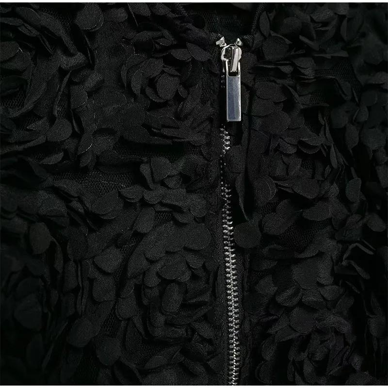 Street Short 3d Flower Lace Jacket Women Chic O-neck Long Sleeve Zipper Female Coats Autumn Lady All-match Outwears