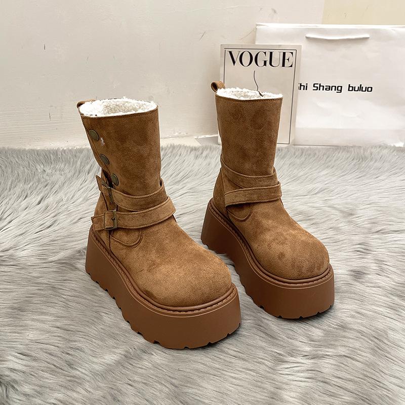 Skinny Martin Boots Women's 2025 Autumn and Winter New European Station Round Head Sewing Line Heightened Mid-heel Fashion Boots Look Thin