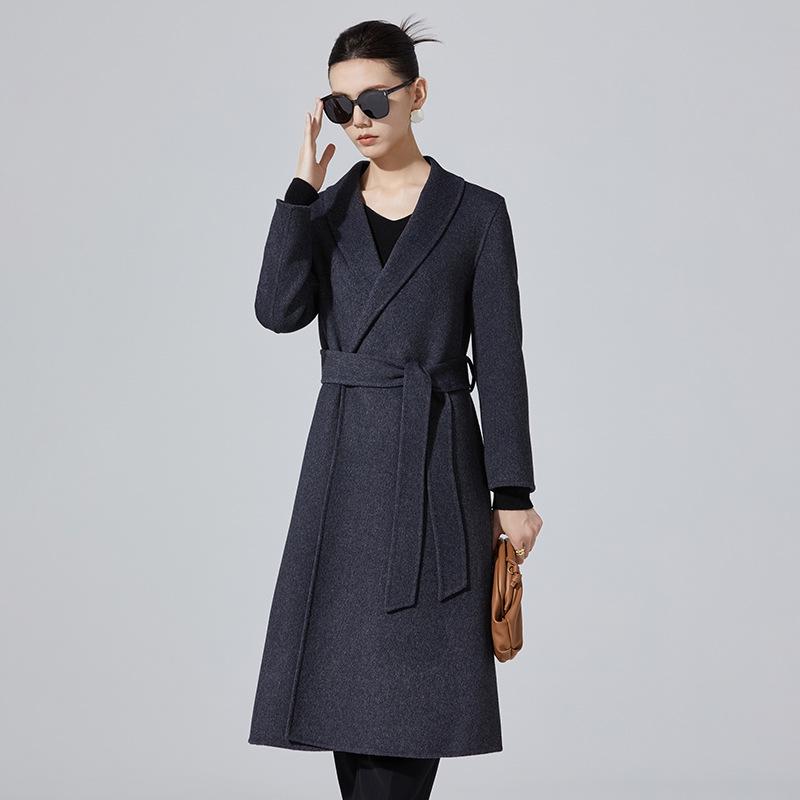 Women's Mid-Length Double-Sided Cashmere Coat - Slim Fit Korean Style Belted Trench, 100% Pure Wool for Autumn and Winter