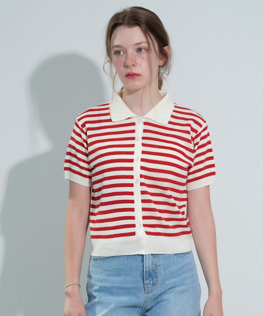 Vleti V-Neck Stripe Collar Half Knit Cardigan (Red)