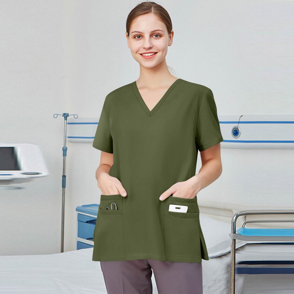 Dámská móda Jednobarevné Vzorované Topy s krátkým rukávem a výstřihem do V Kapsa Pracovní trička