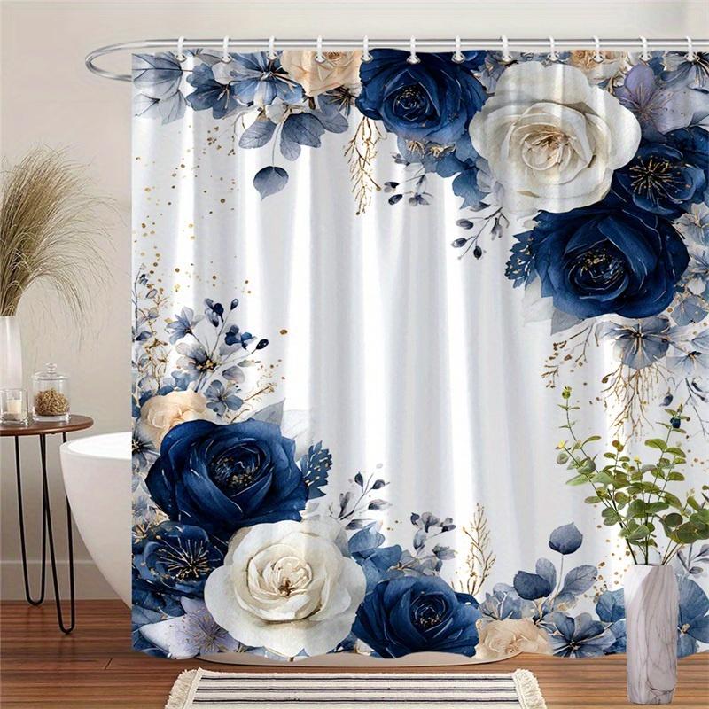 

1 Elegant Blue Peach Rose Lace Shower Curtain - White Background Gold Trim with Hook Machine Washable Polyester Material 90X180cm