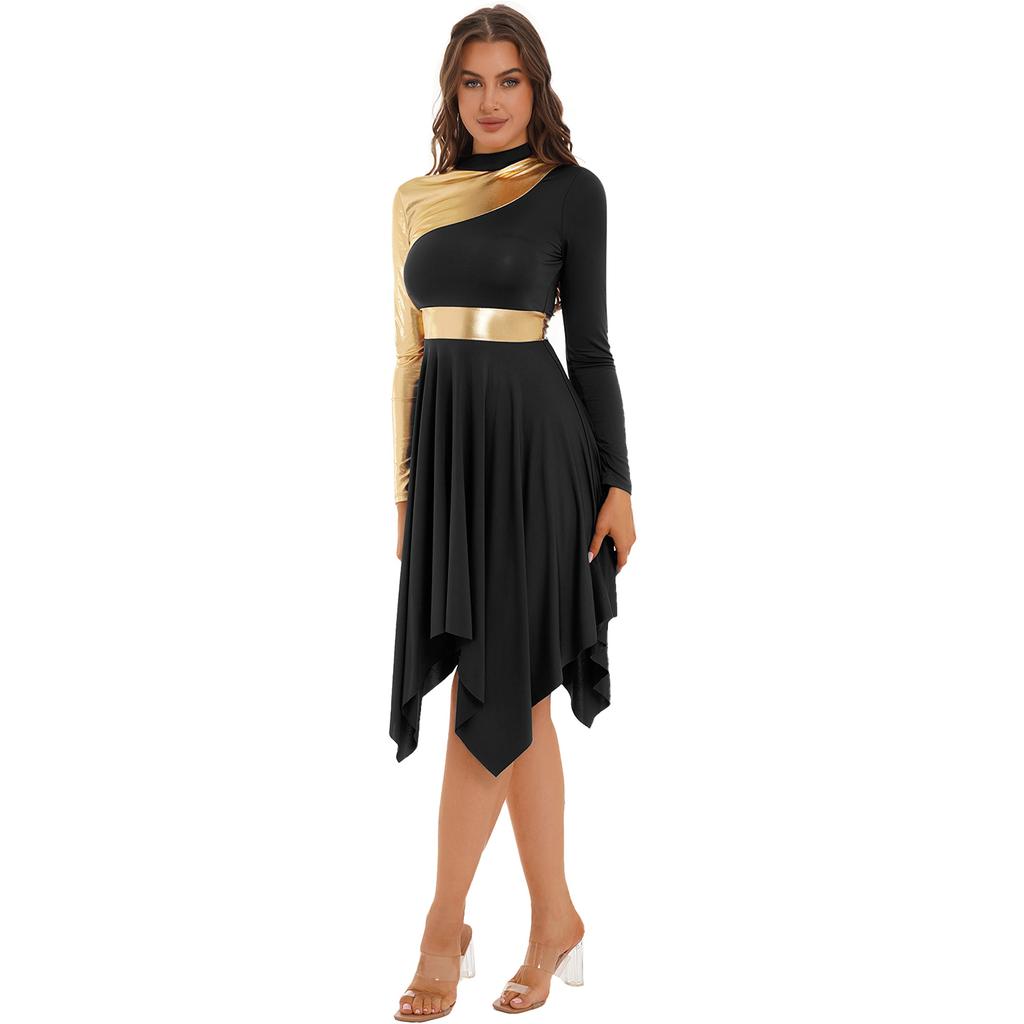 Womens Contrast Color Patchwork Dance Performance Costume Long Sleeve Asymmetrical Hem Dress