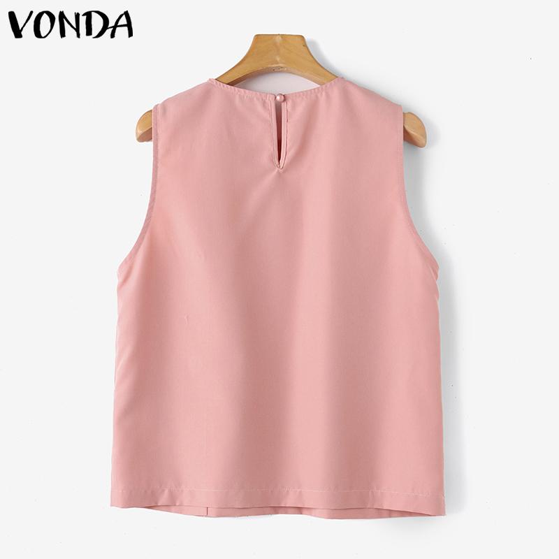 VONDA Women's Summer Round Neck Sleeveless Button Solid Color Casual Tank