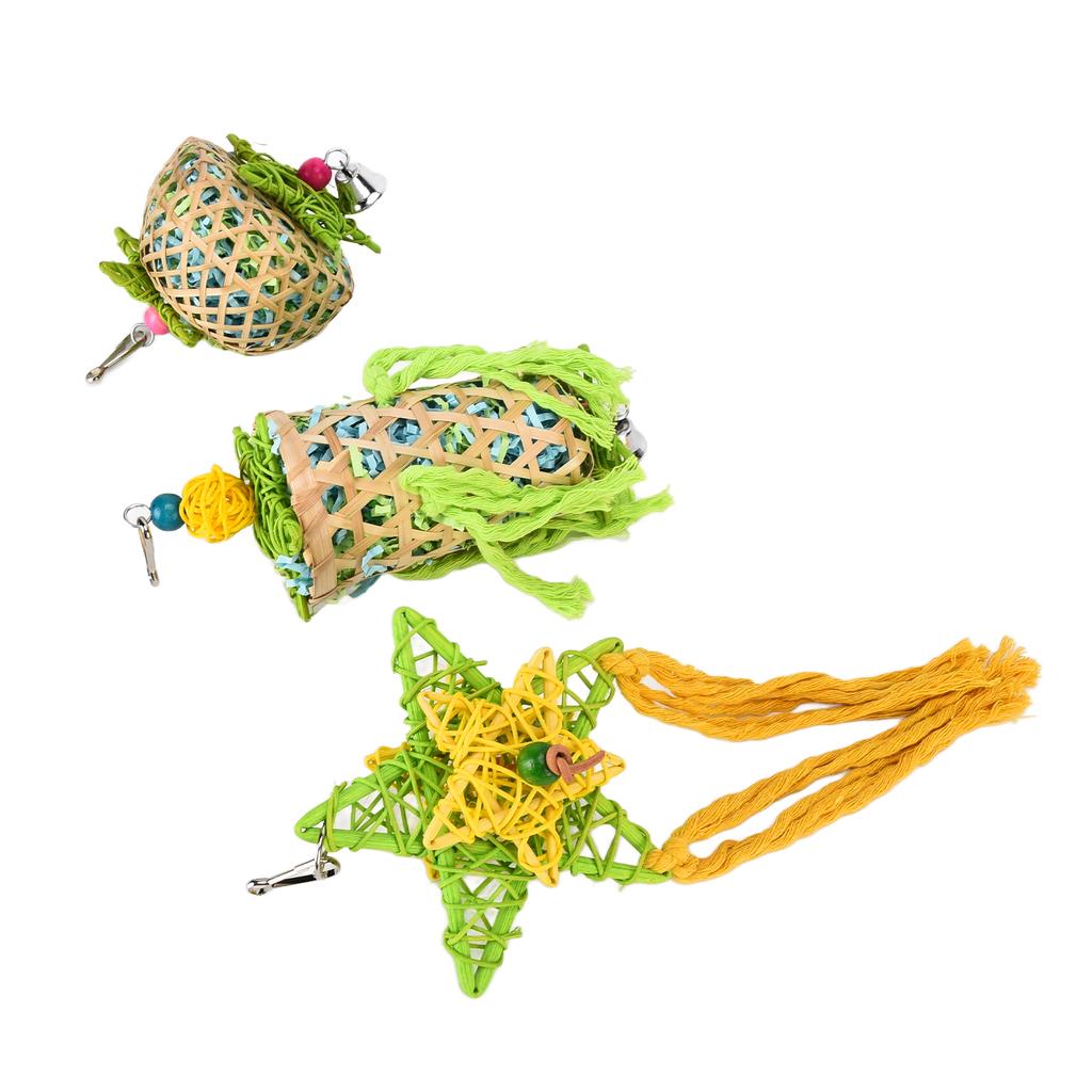 3pcs Bird Chewing Toys Natural Parrot Shredder Toy Set with Bells Rattan Ball for Budgies African Grey Parrot Cockatiels