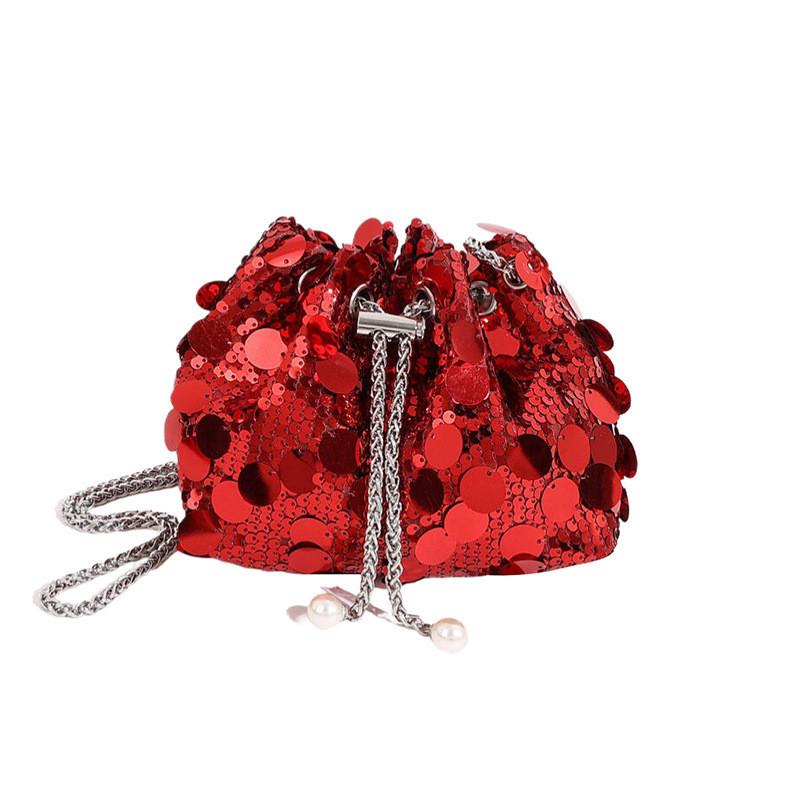 Shiny Fringe Sequin Evening Street Fashion Pu Bucket Bag 2024 New Trendy Chic Drawstring Large Capacity Stylish Handbag