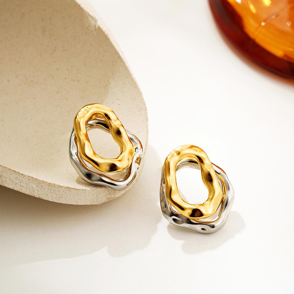 

Minimalist Gold&Copper Plated Mix Color Stainless Steel Earrings for Women Double Layer C Shaped Small Hoop Earrings Zircon