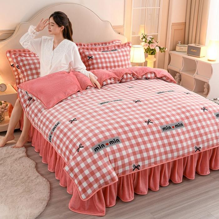 Thickened Milk Fleece Four-Piece Warm Double-Sided Coral Fleece Quilt Cover Flannel Sheet Bed Skirt Bedding