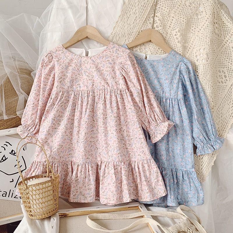 Girls' Floral Long-Sleeve Mid-Length Spring 2025 Princess Dress - Korean Pastoral Style