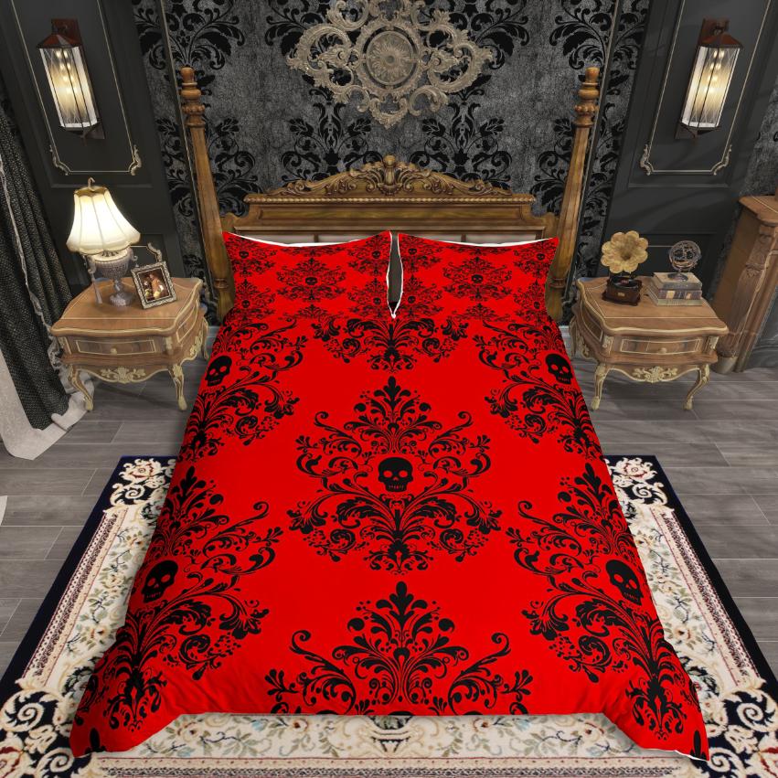 Homewish Vintage Damask Floral Duvet Cover Set,Gothic Skull Comforter Cover Set,Yellow Black Bed Set For Men Women