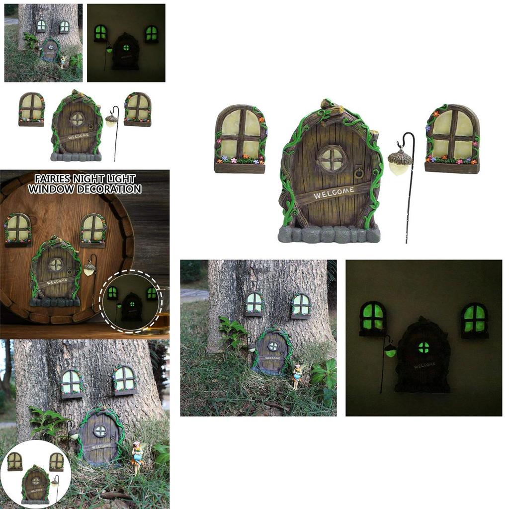 Miniature Fairy 4pcs Tree Door Window Door Glow Gnome Elf Home Sculpture Statues
