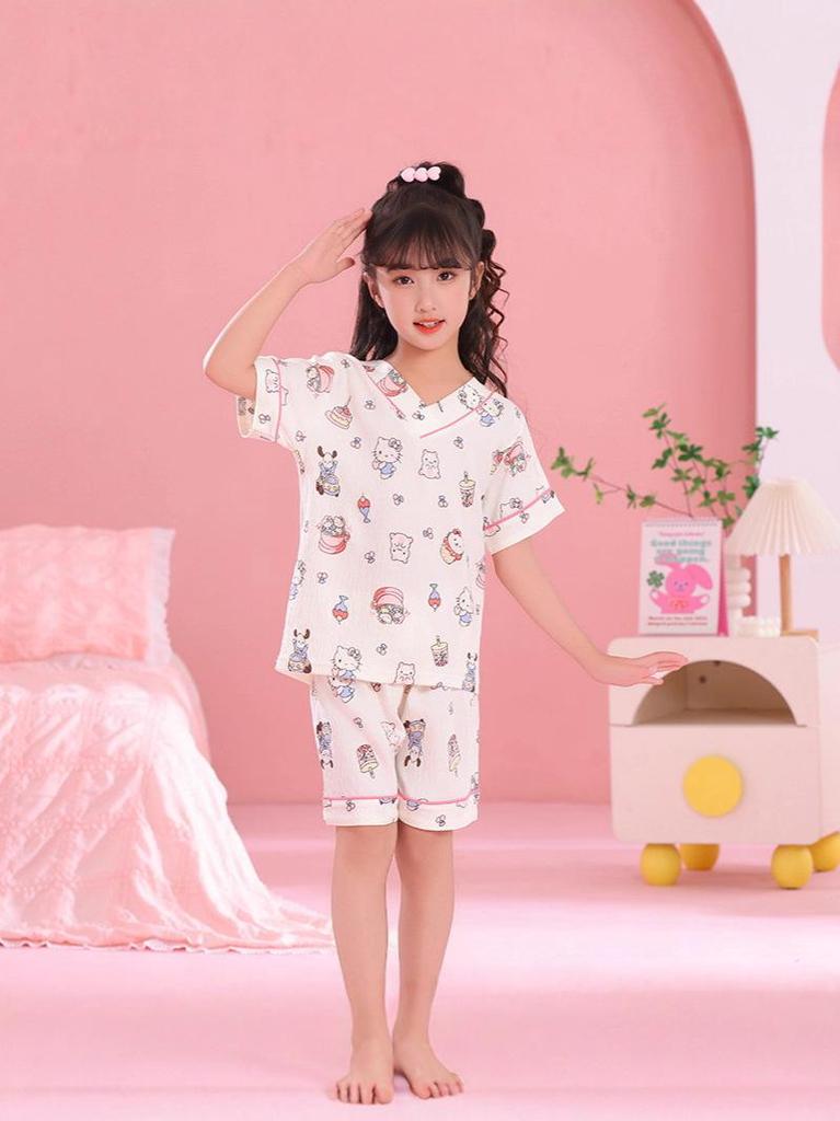 Girls' Summer Cloud Cotton Pajama Set - Short Sleeve V-Neck, Light Two-Piece Homewear