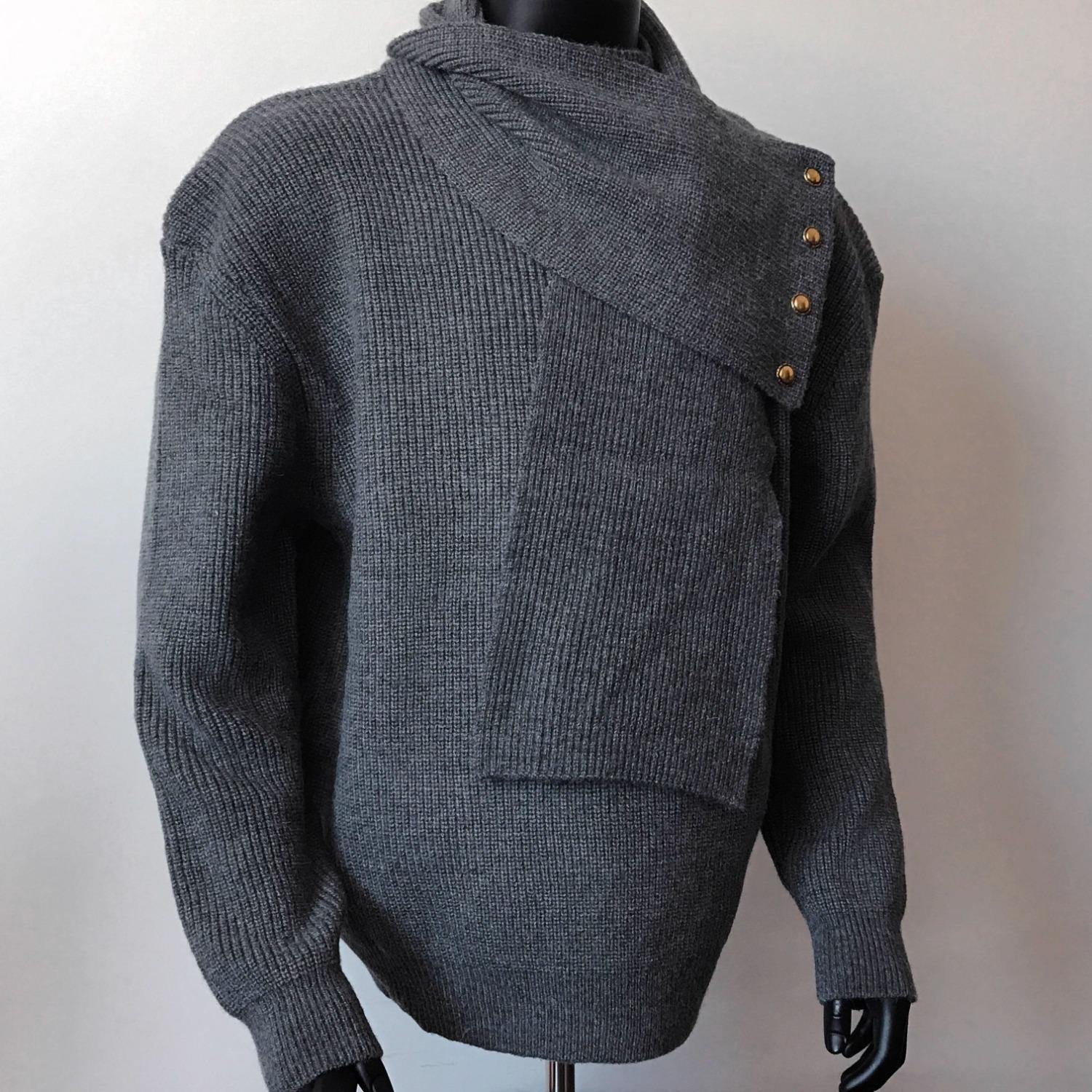 Men s Winter High Neck White Scarf Sweater - Chinese Retro Style Knitwear, Cleanfit Outerwear XLarge серый