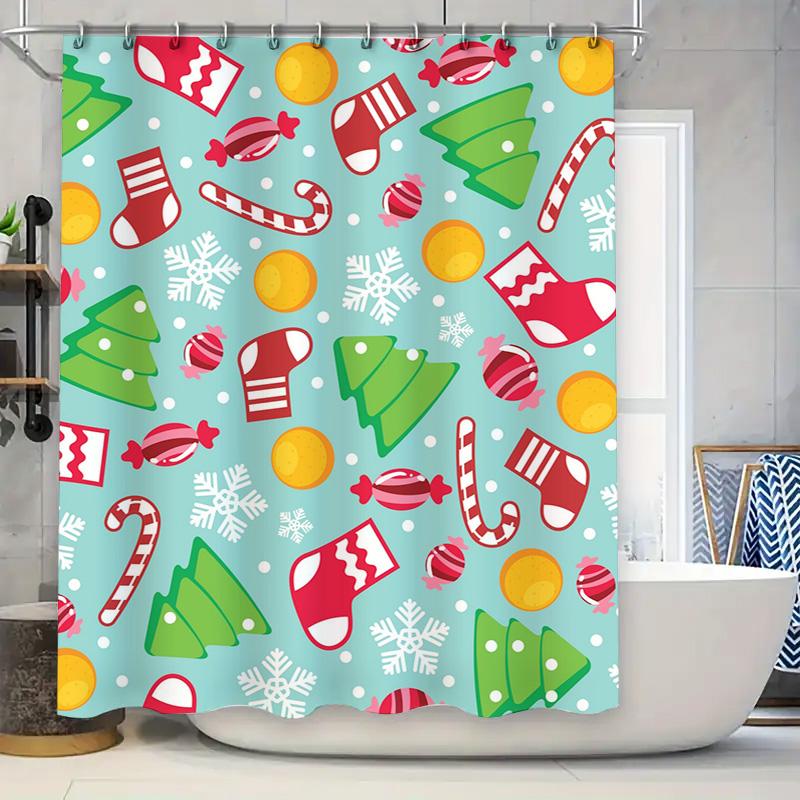 Tu Festive Holiday Shower Curtain Christmas Trees Snowflakes Candy Cane Pattern Waterproof Bathroom Decor Xmas Home Textile