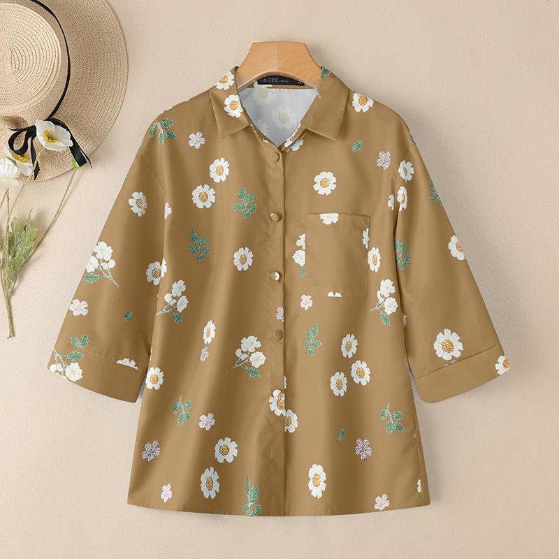 

ZANZEA Women Turn Down Collar Casual 3/4 Sleeve Loose Floral Print Blouse 5XL хаки