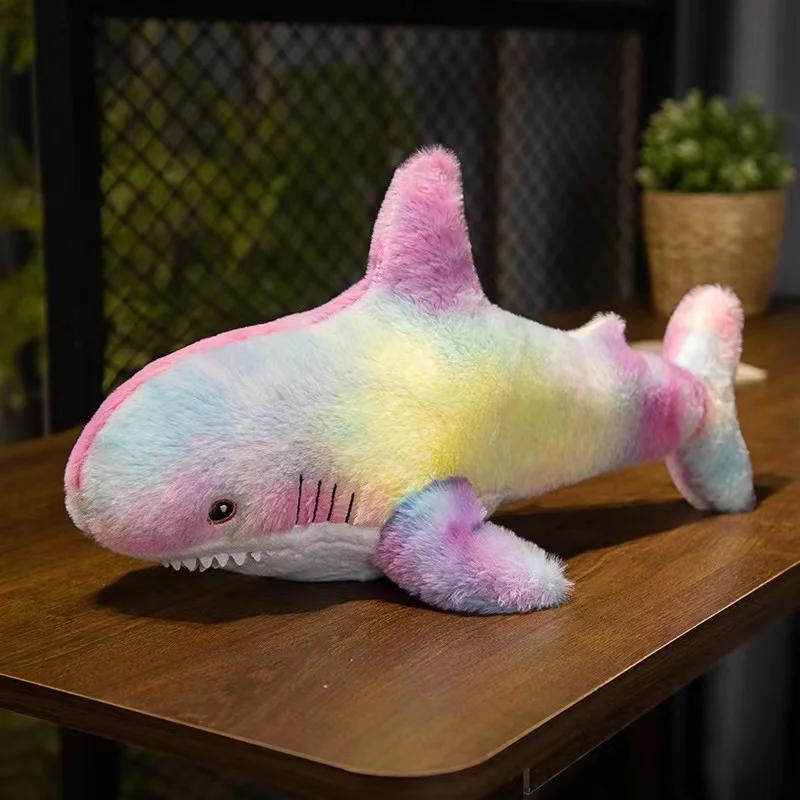 45/60cm Colorful Rainbow Shark Doll Plush Toy Fuzzy Long Plush Underwater Animal Plushie Sleeping Companion Birthday Gift Kids