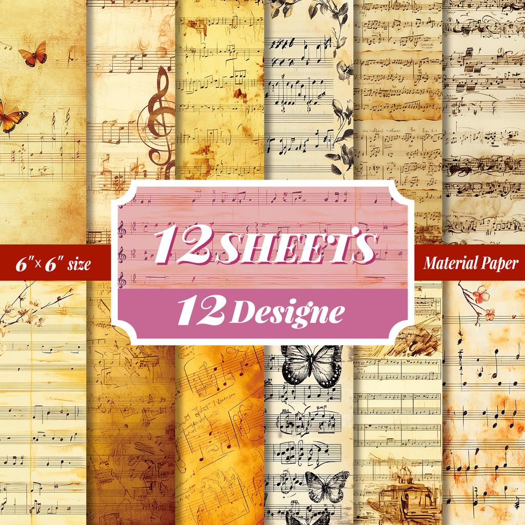 12 Sheets/Pack Retro Sheet Music Hand Account Material Paper Retro Wind Hand Account Background Paper Backing Paper