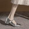 Silver Mary Jane shoes children's versatile square head pearl light mouth thick middle heel single shoes versatile temperament spring and summer new