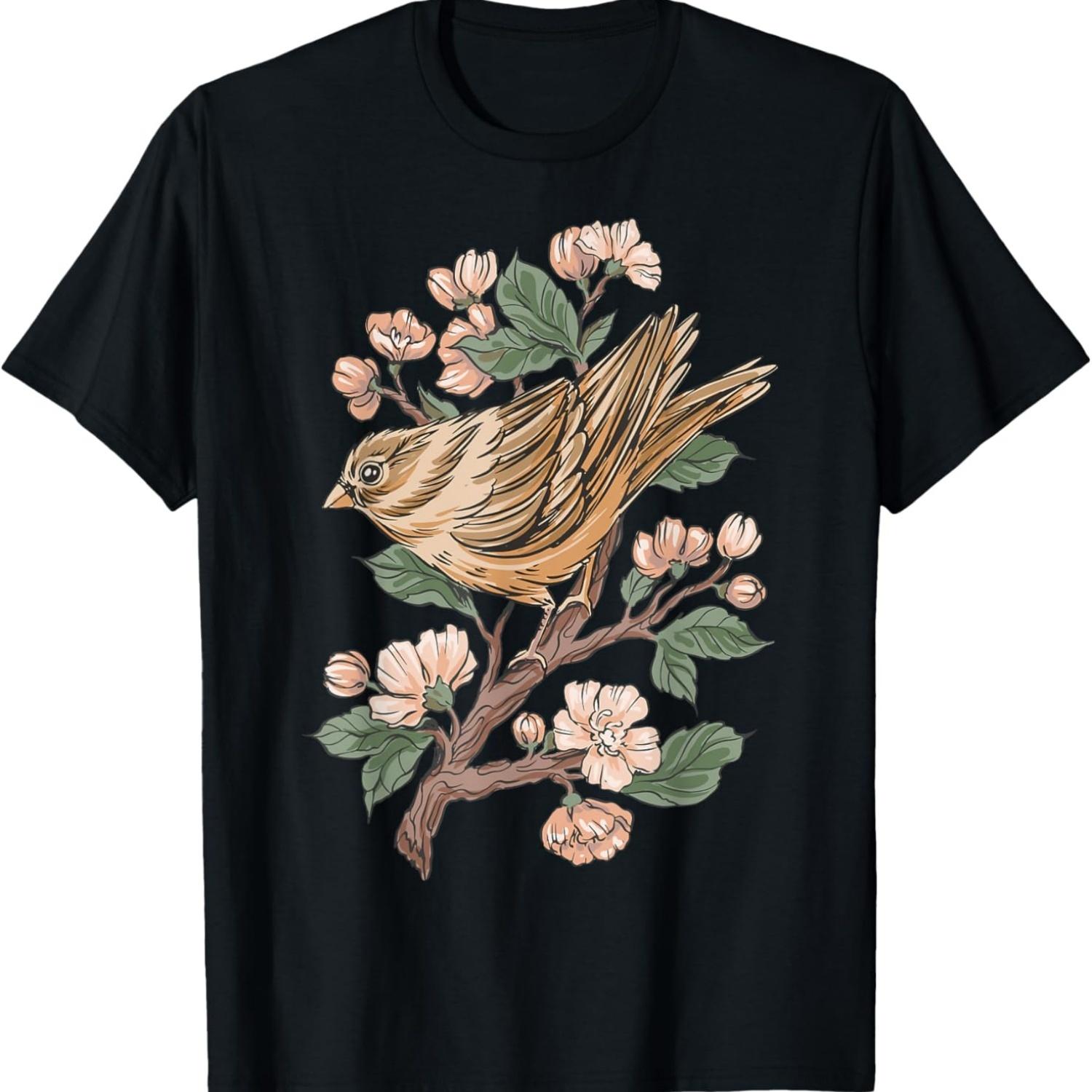 Sparrow Bird and Cherry Blossom T-Shirt(1) S чёрный