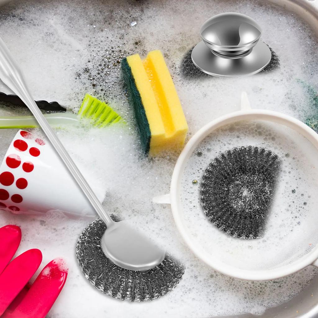 Steel Wool Scrubber with Handle & Replacement Stainless Wire Metal Sponge, for Cleaning Dishes Pan Cast Iron Pot and Kitchenware