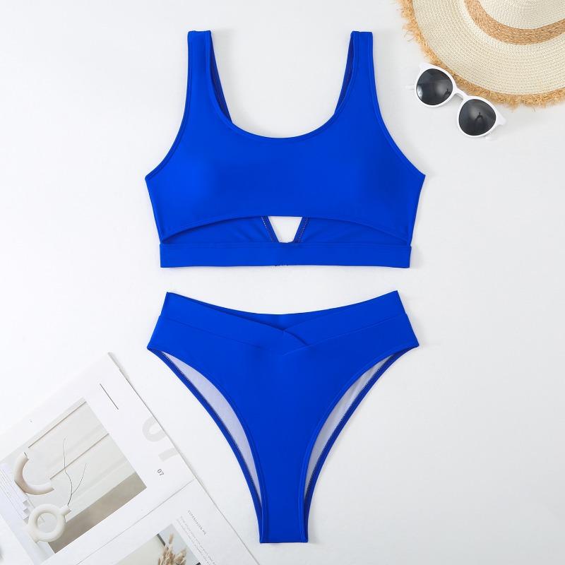 

New bikini, solid color high waist sexy split swimsuit women s fashion L королевский синий