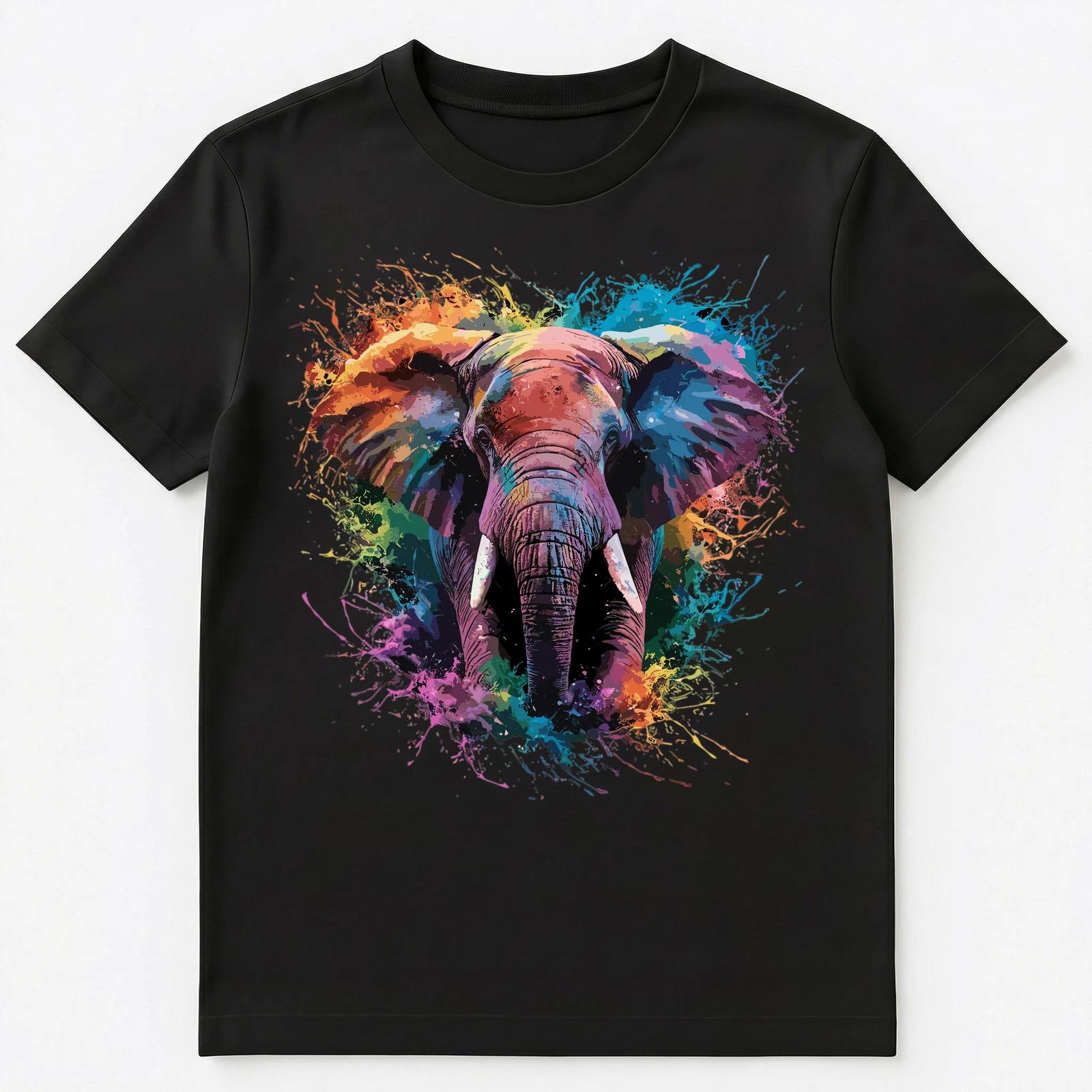 Colorful Paint Splash Elephant Face Art Graphic Unisex T-Shirt 3XL