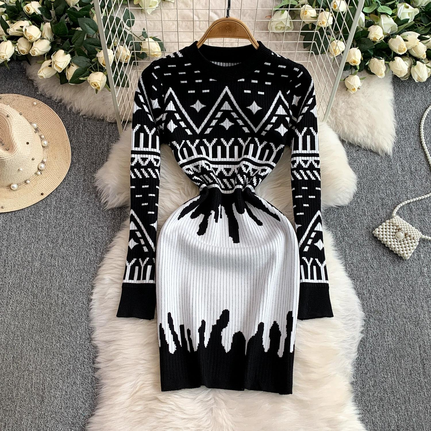 

Осень Зима Женский Винтажный Принт Круглый Вырез Вязаный Свитер Мини Короткий Облегающий Платье-Футляр One Size чёрный