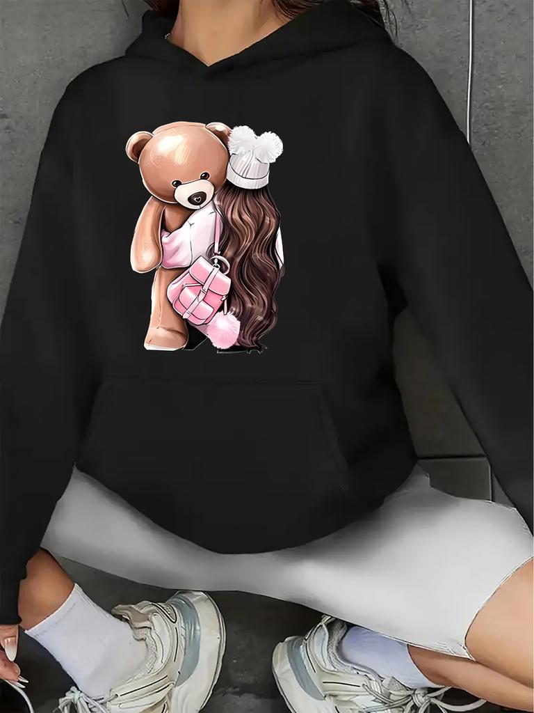 2026 New Women'S Hoodies Cute Teddy Bear Graphic Hooded Sweatshirt Soft Comfy Autumn Winter Pullover