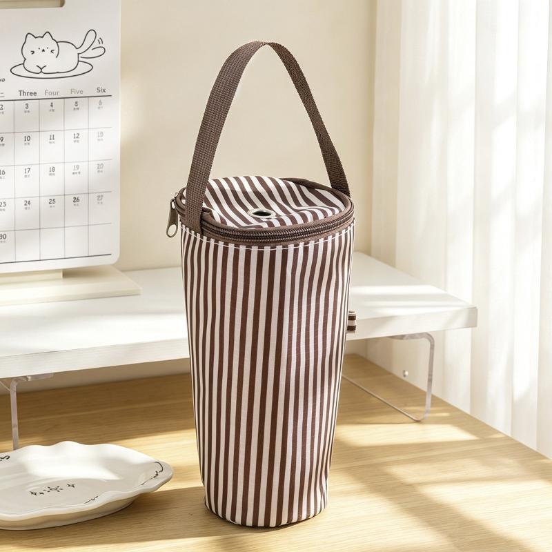 Thermal Lined Striped Tumbler Bag with Handle Insulated Water Bottle Carrier for Commuting Outdoor Activities