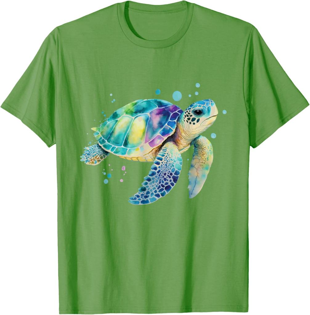 Watercolor Sea Turtle Graphic Tee Breathable Cotton Casual T-Shirt for Men Beach Trip