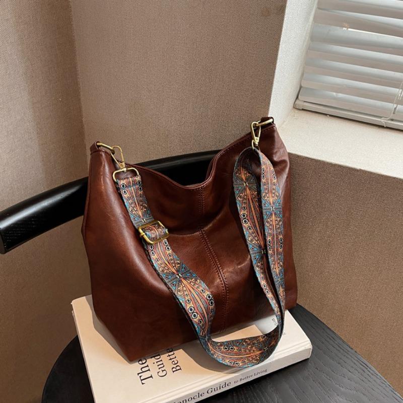 

Винтажная женская сумка-тоут, модная сумка через плечо из искусственной кожи, вместительная, простая, с широким ремешком, сумка-ведро через плечо кофейный