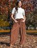 Women Corduroy Pants High Waist Drawstring Pocket Wide Leg Pants Casual Loose Fit Long Trousers Solid Color