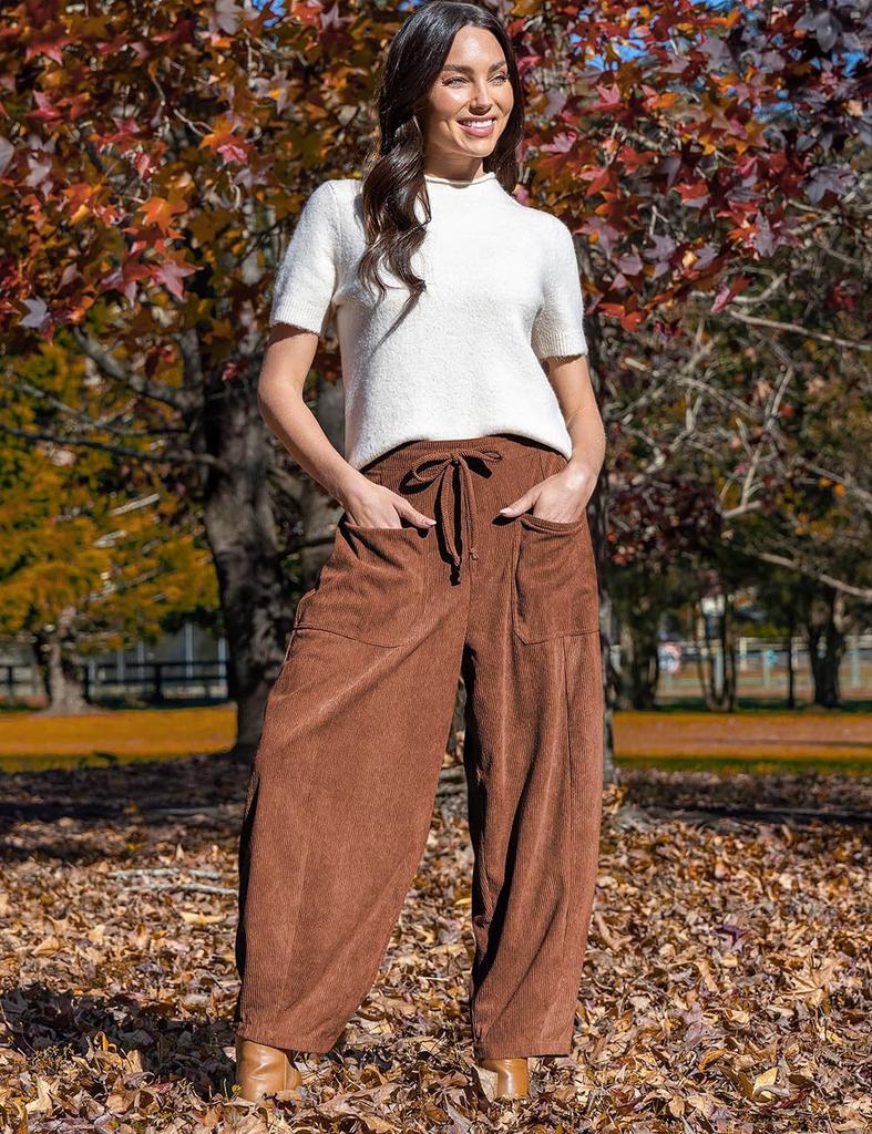 Women Corduroy Pants High Waist Drawstring Pocket Wide Leg Pants Casual Loose Fit Long Trousers Solid Color