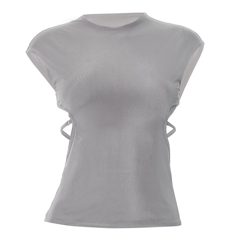 Kkx European and American Gyaru Style Street Sexy Backless Hollow out Mesh Personality Slimming Sleeveless round Neck Vest Women's Top