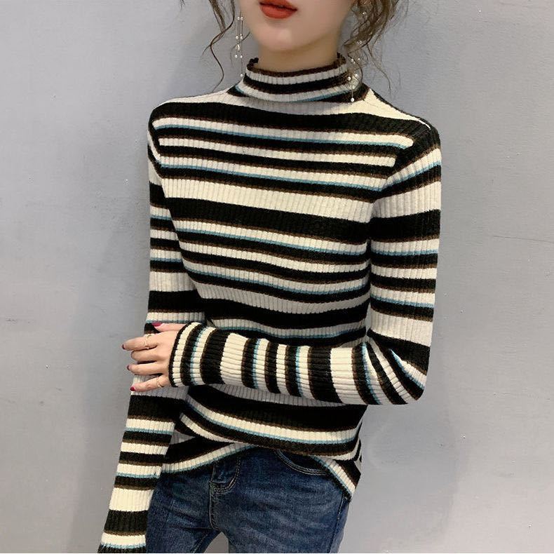 Herbst und Winter Koreanischer Halbhochkragen Farbblockierter gestreifter Strickpullover Slim Fit Pullover Pullover Damen Basispullover