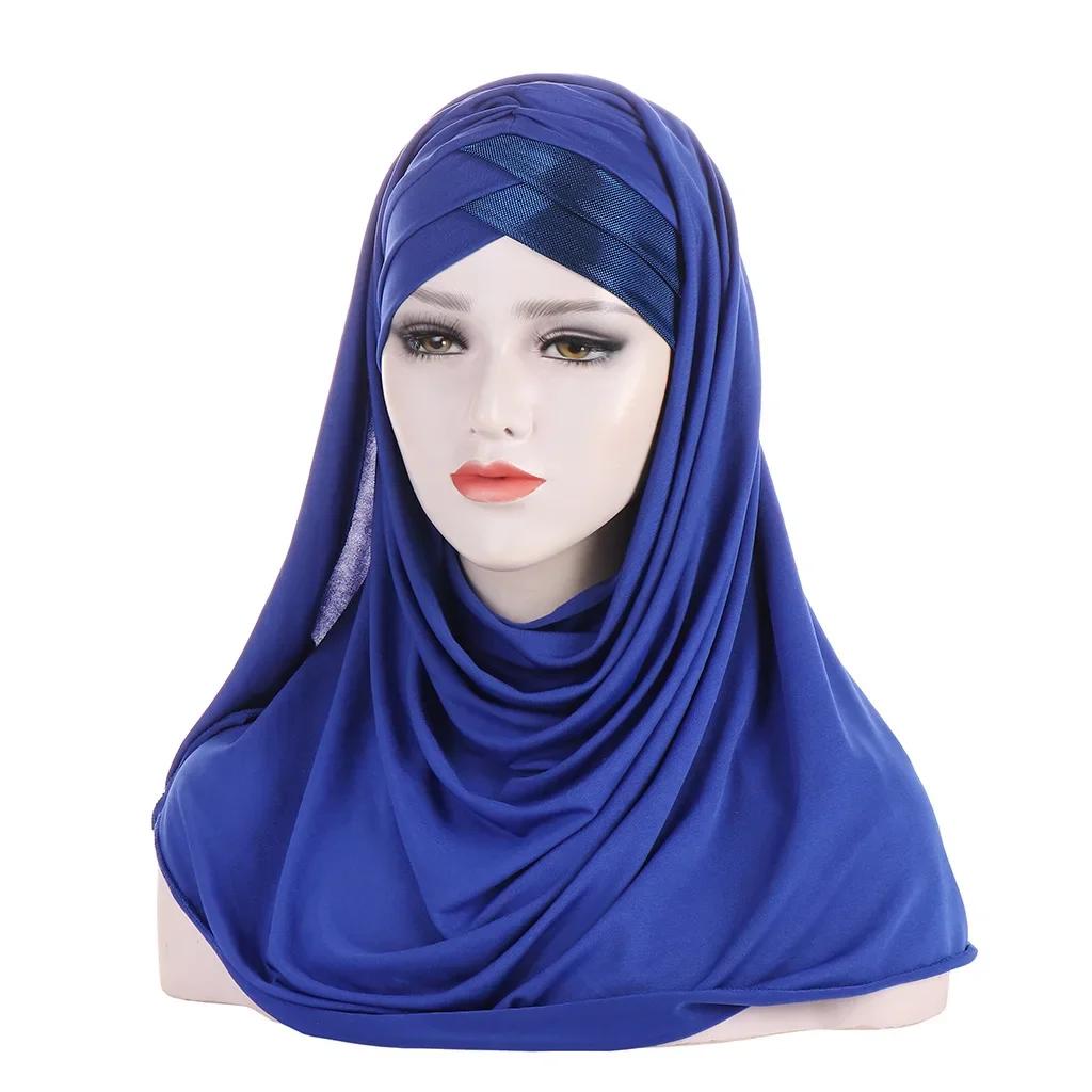 Sofort-Hijab Jersey-Hijabs Für Frauen Kreuz Stirn Pailletten-Turban Muslimische Frauen Hijab-Schal Türkischer Baumwoll-Hijab Für Frauen