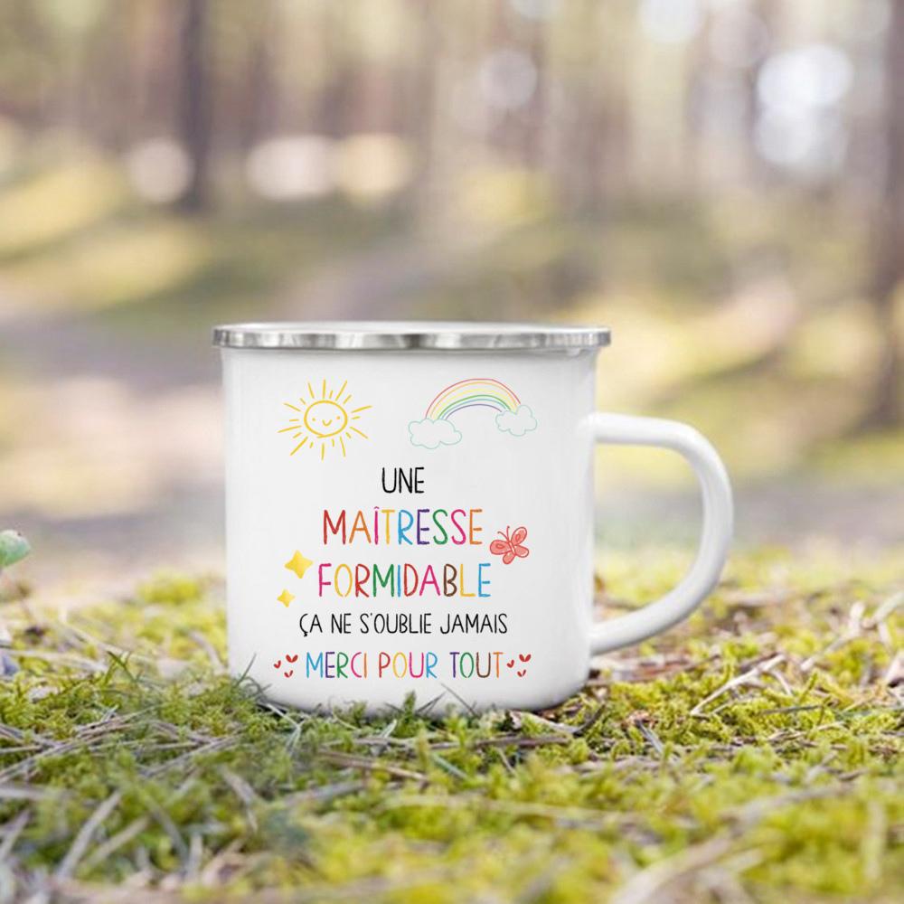 Merci Maitresse French Printed Mug Creative Coffee Cups Drinks Dessert Milk Enamel Cup Vintage Handle Drinkware Gift for Teacher