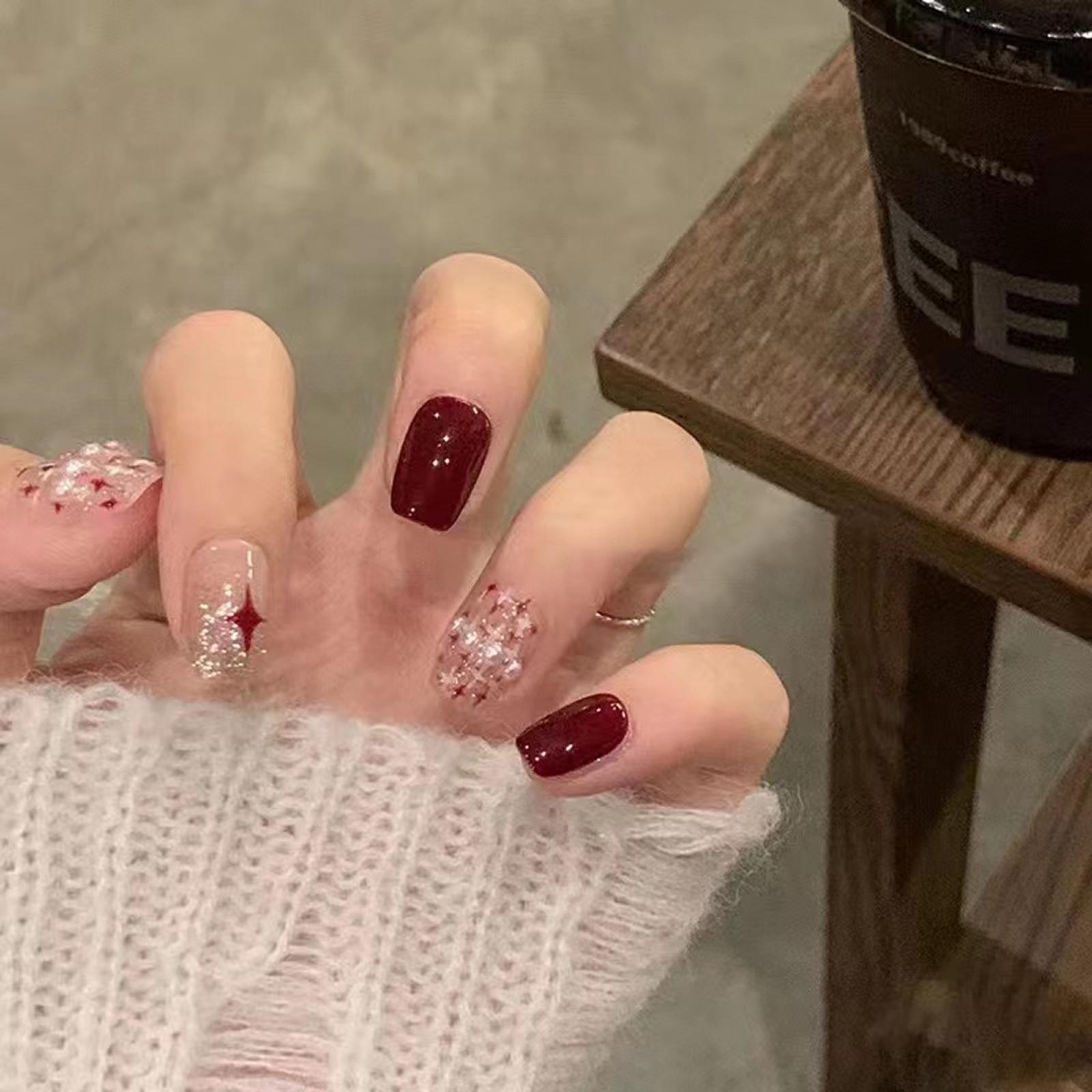 

Бордовый носимый нейл-арт - 24 краткосрочных типса Gold-plated Sealant Glue